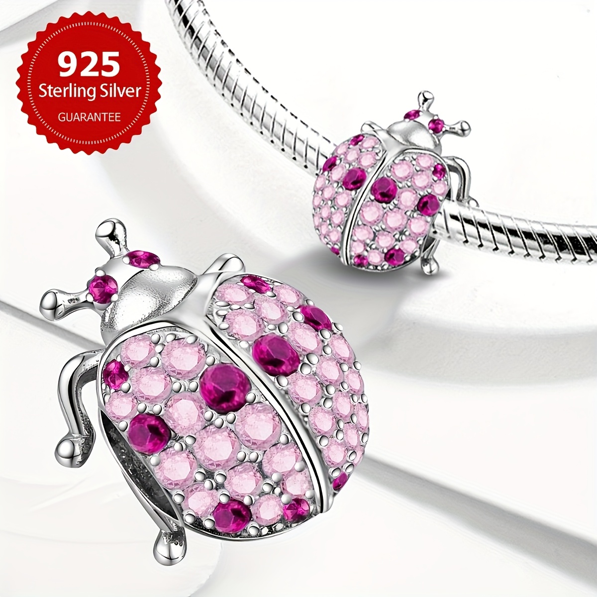 925 Silver Ladybug Bracelet Pink CZ Chain